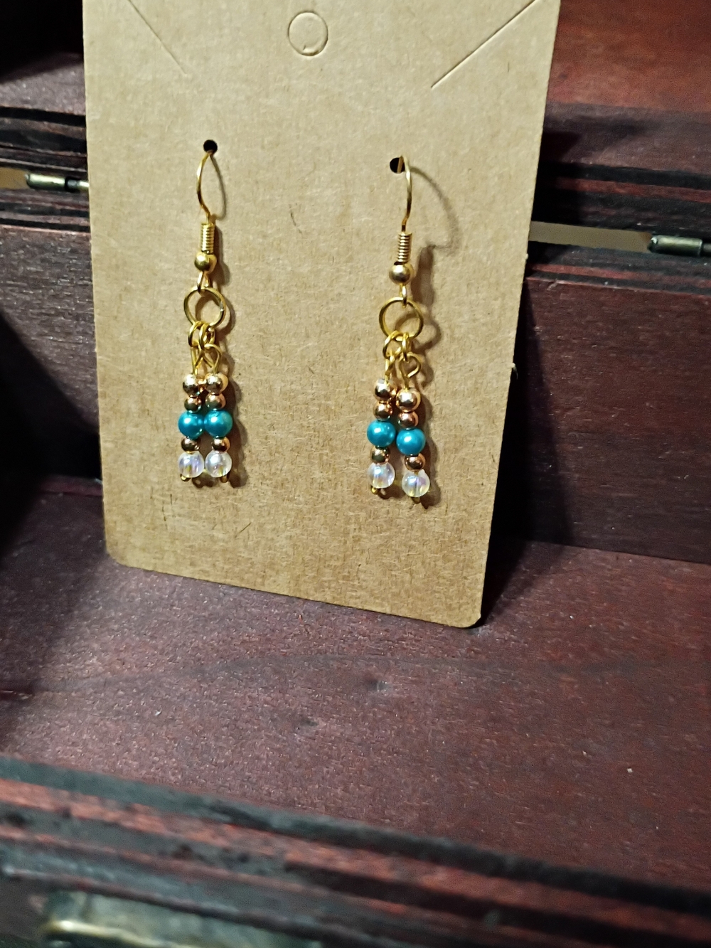 Gold-Tone Teal Bead Dangle Earrings - Handcrafted
